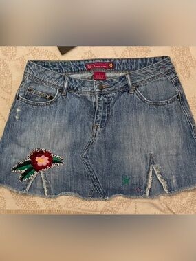 SO Denim Mini Skirt with Floral Embroidery - Blue